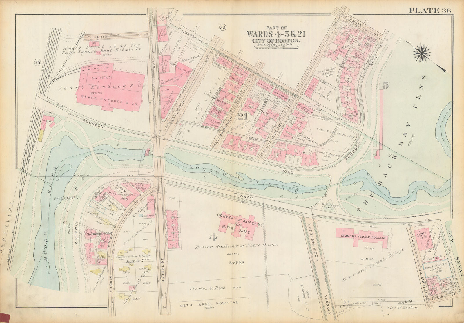 Boston #36 Fenway, Back Bay Fens & Longwood Medical Area. BROMLEY 1928 old map